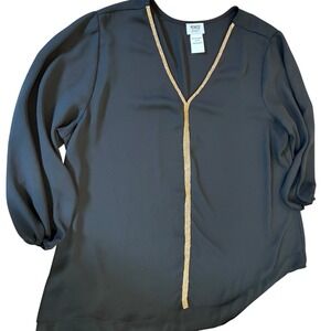 Monroe&Main Womens 1X Black Gold Sequin Mid Sleeve V Neck Blouse